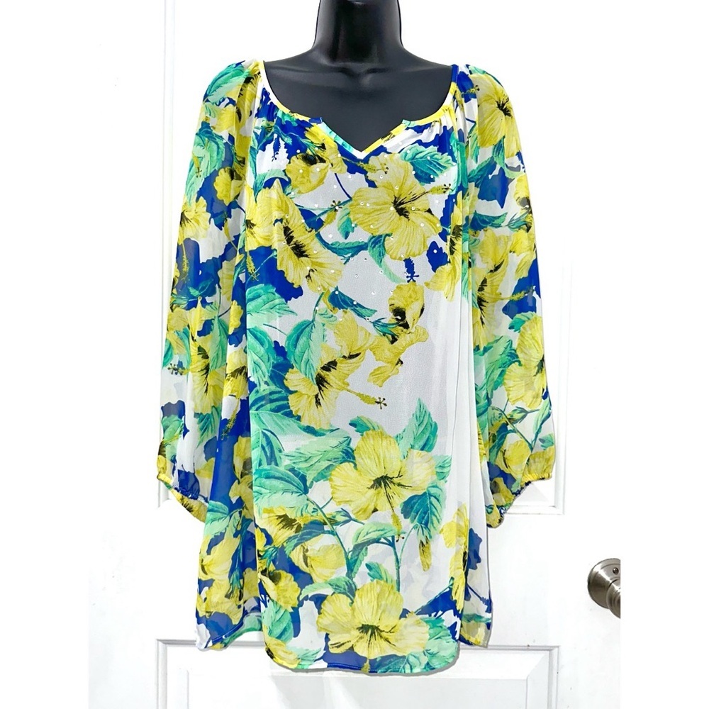 JM Collection Floral Print Sheer green, yellow, & blue tunic top